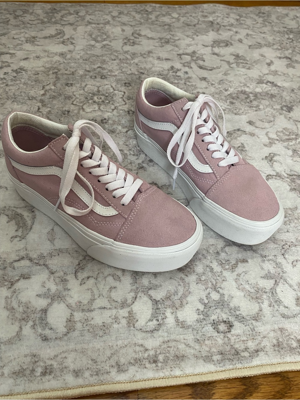 Vans Women's Pale Pink Suede Platform Sneakers with White Side Stripe